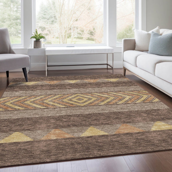 HomeRoots 9' X 12' Southwestern Washable Area Rug in Brown, Wheat & Copper - UV Protected, Stain-Resistant Charm 676385