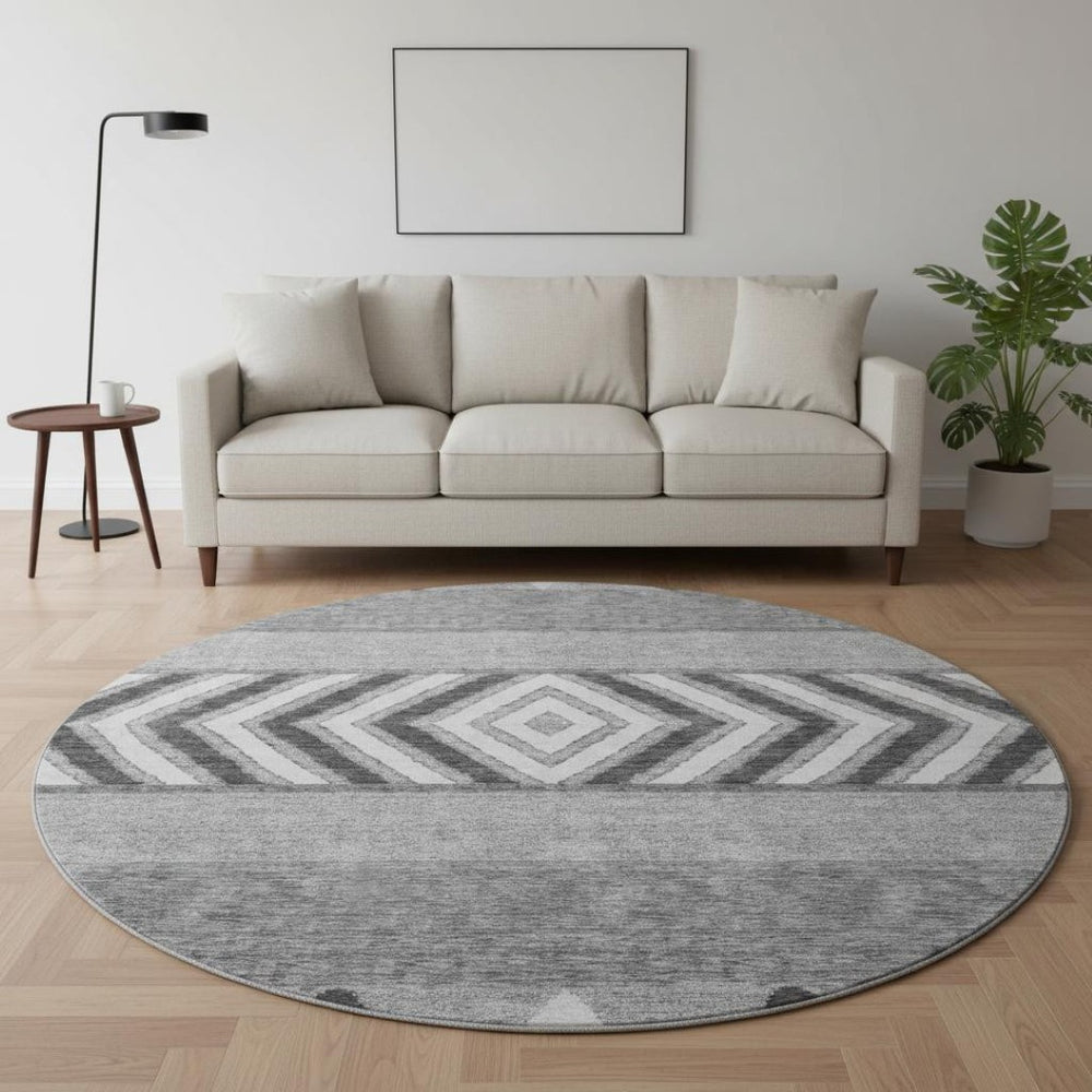 HomeRoots 8' Gray Charcoal and Silver Southwestern Washable Round Rug - Stylish, Durable, UV Protected Design 676395