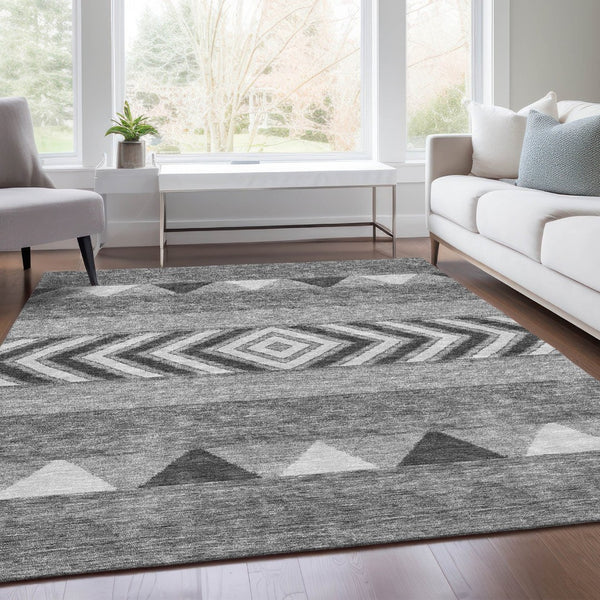HomeRoots 8' X 10' Gray Charcoal & Silver Southwestern Washable Area Rug - Durable, Stylish, & UV Protected! 676396