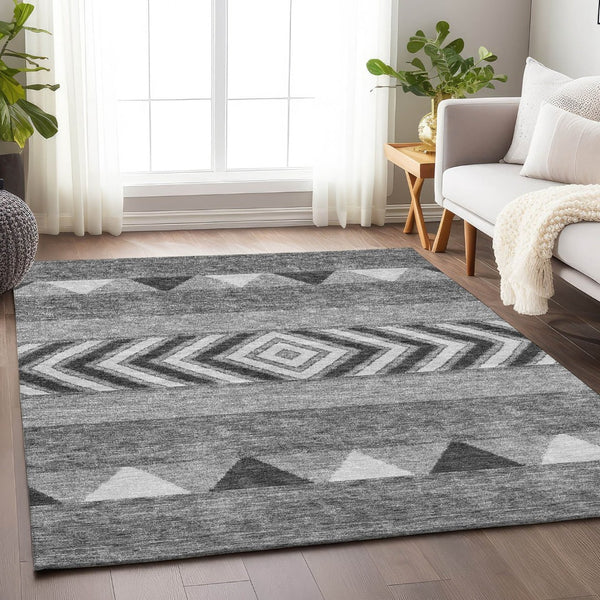HomeRoots 10' Southwestern Washable Gray Charcoal & Silver Area Rug - UV Protected, Stain-Resistant Design! 676398