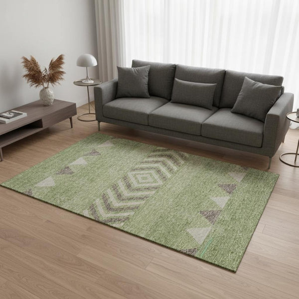 HomeRoots 5' x 8' Southwestern Area Rug in Green, Taupe & Ivory - Washable, UV Protected, Stain-Resistant Design 676400