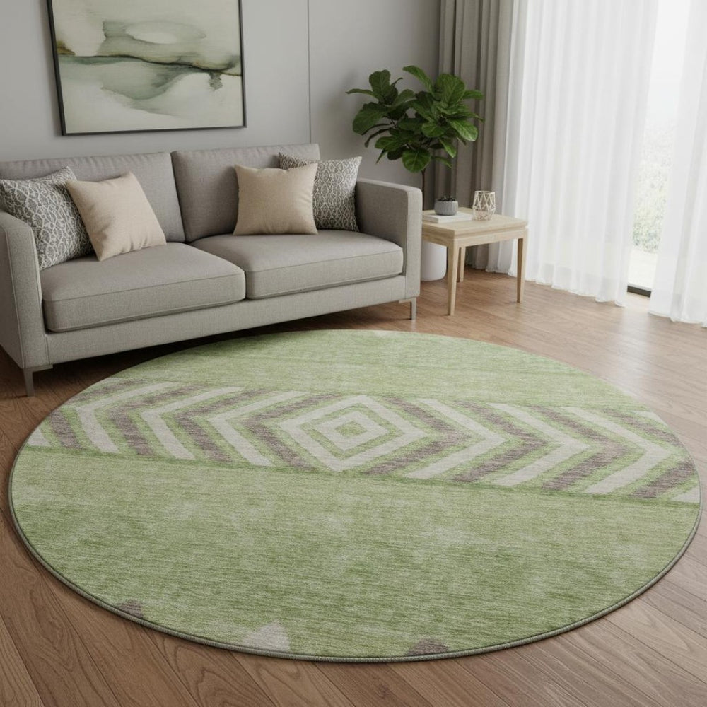 HomeRoots 8' Green Taupe and Ivory Southwestern Round Rug – Durable, Washable, UV Protected for Any Room 676401