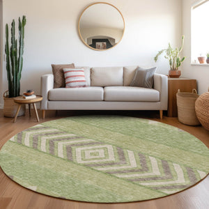 HomeRoots 8' Green Taupe and Ivory Southwestern Round Rug – Durable, Washable, UV Protected for Any Room 676401