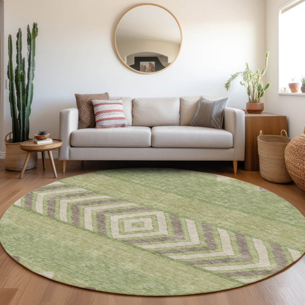 HomeRoots 8' Green Taupe and Ivory Southwestern Round Rug – Durable, Washable, UV Protected for Any Room 676401
