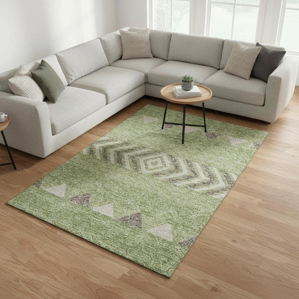 HomeRoots 10' X 14' Southwestern Washable Area Rug in Green Taupe & Ivory – Durable, UV-Protected, Stylish Décor 676404