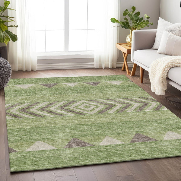 HomeRoots 10' X 14' Southwestern Washable Area Rug in Green Taupe & Ivory – Durable, UV-Protected, Stylish Décor 676404