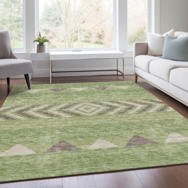 HomeRoots 10' X 14' Southwestern Washable Area Rug in Green Taupe & Ivory – Durable, UV-Protected, Stylish Décor 676404
