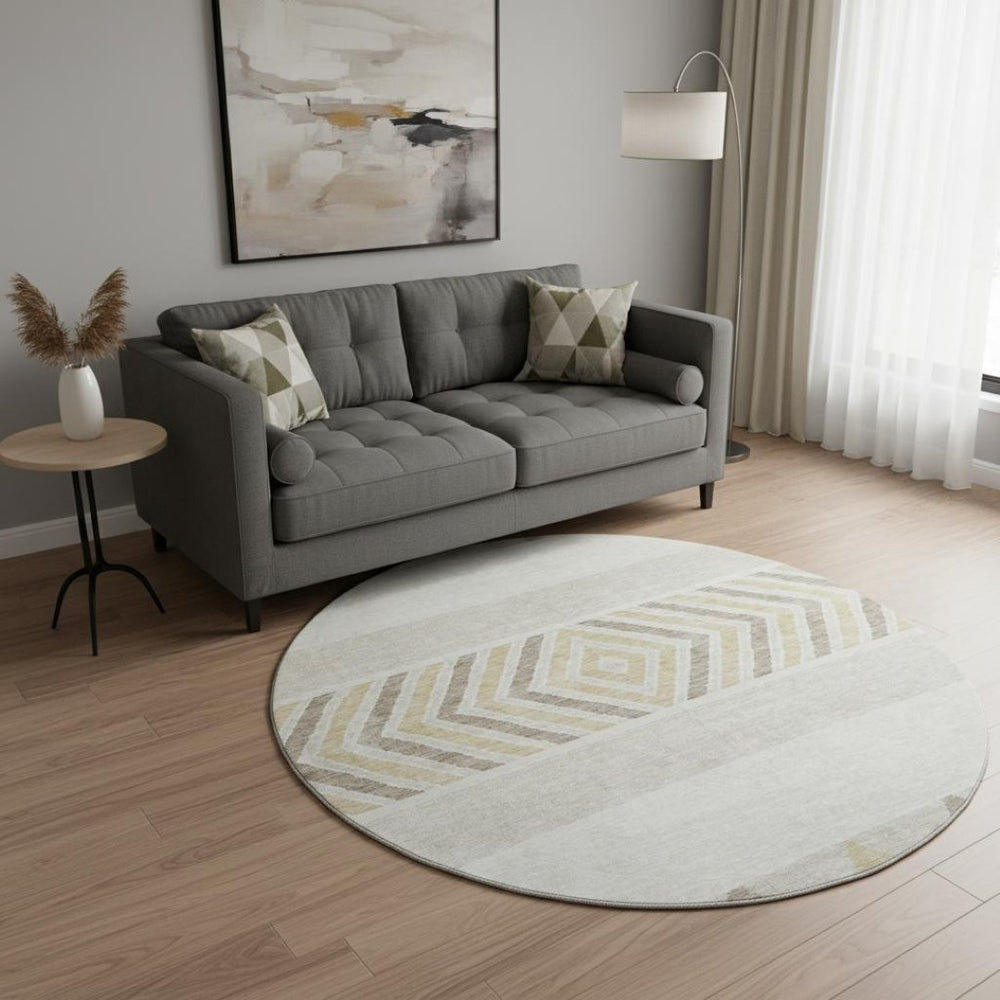 HomeRoots 8' Ivory Beige and Taupe Southwestern Round Rug - Washable, UV-Protected, Durable for Busy Homes 676407