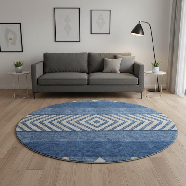 HomeRoots 8' Southwestern Washable Round Rug in Navy Blue & Ivory - Durable, UV-Protected, Stylish Design 676419
