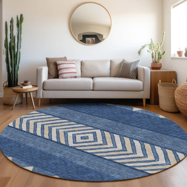 HomeRoots 8' Southwestern Washable Round Rug in Navy Blue & Ivory - Durable, UV-Protected, Stylish Design 676419