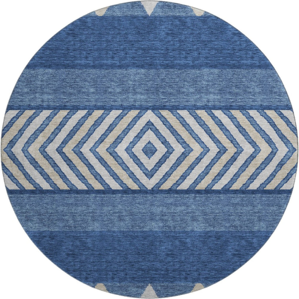 HomeRoots 8' Southwestern Washable Round Rug in Navy Blue & Ivory - Durable, UV-Protected, Stylish Design 676419
