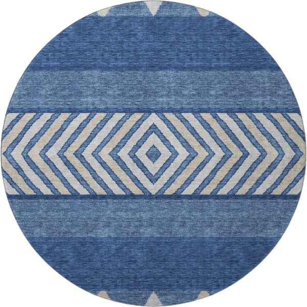 HomeRoots 8' Southwestern Washable Round Rug in Navy Blue & Ivory - Durable, UV-Protected, Stylish Design 676419