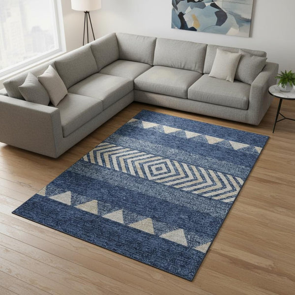 HomeRoots 8' X 10' Southwestern Washable Area Rug - Navy, Ivory, Beige - Durable, UV Protected & Easy Care! 676420