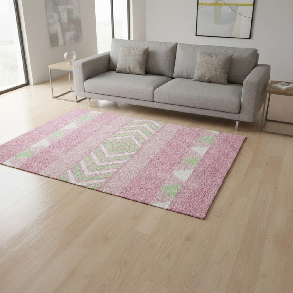 HomeRoots 5' X 8' Southwestern Area Rug in Pink, Mint Green & Ivory - Washable, UV Protected, Durable Design! 676430