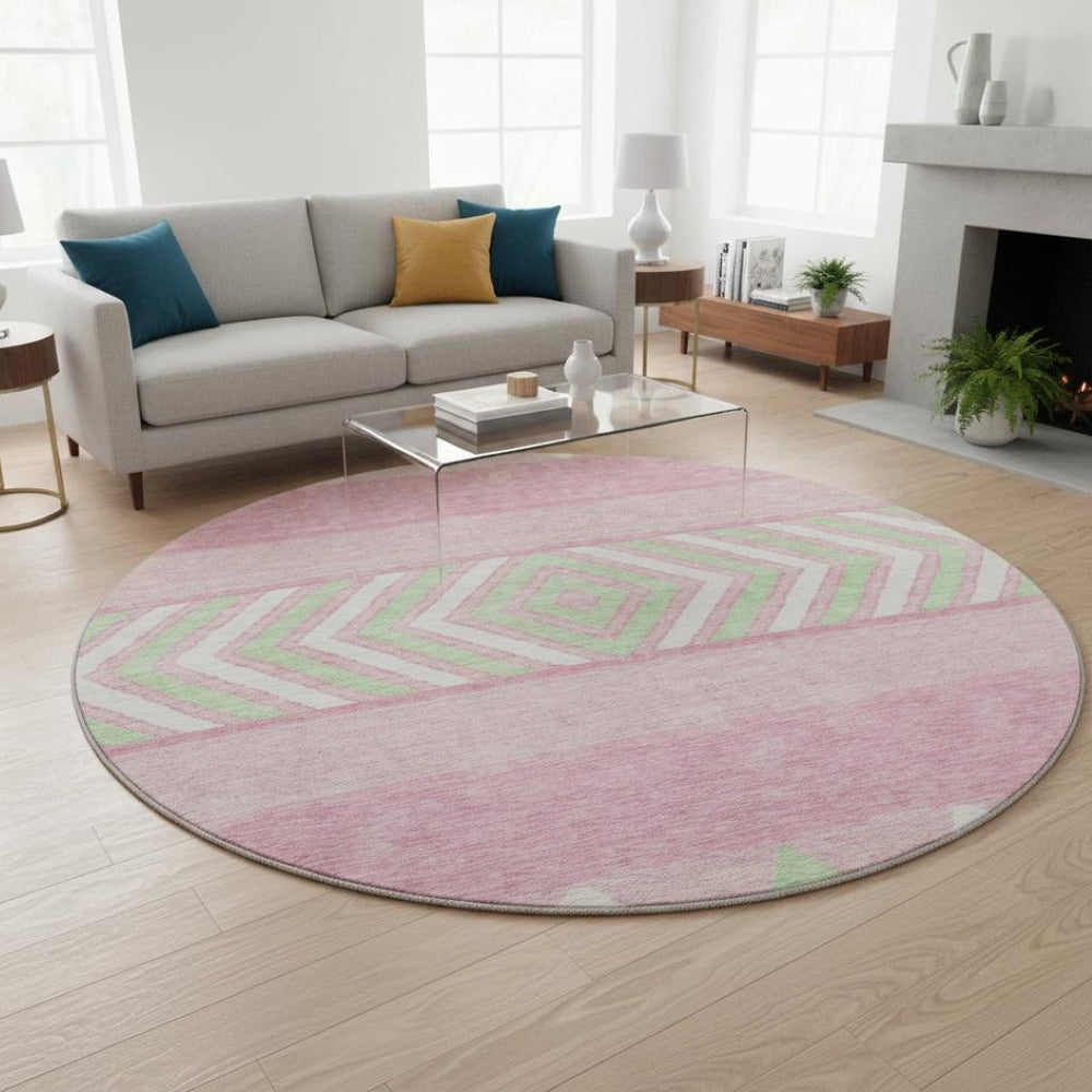 HomeRoots 8' Vibrant Pink Mint Green Ivory Southwestern Round Rug - Washable, UV Protected, Durable & Stylish! 676431
