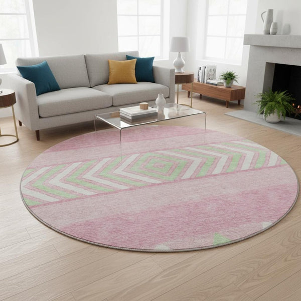 HomeRoots 8' Vibrant Pink Mint Green Ivory Southwestern Round Rug - Washable, UV Protected, Durable & Stylish! 676431