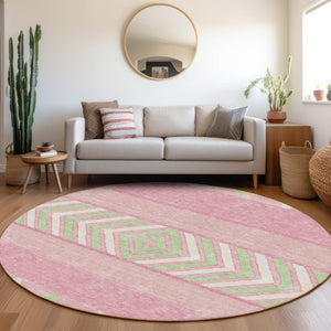 HomeRoots 8' Vibrant Pink Mint Green Ivory Southwestern Round Rug - Washable, UV Protected, Durable & Stylish! 676431