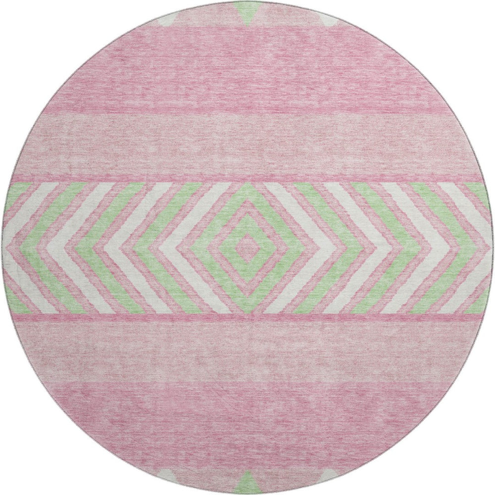 HomeRoots 8' Vibrant Pink Mint Green Ivory Southwestern Round Rug - Washable, UV Protected, Durable & Stylish! 676431