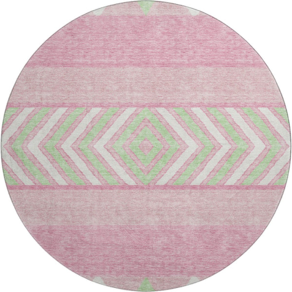 HomeRoots 8' Vibrant Pink Mint Green Ivory Southwestern Round Rug - Washable, UV Protected, Durable & Stylish! 676431