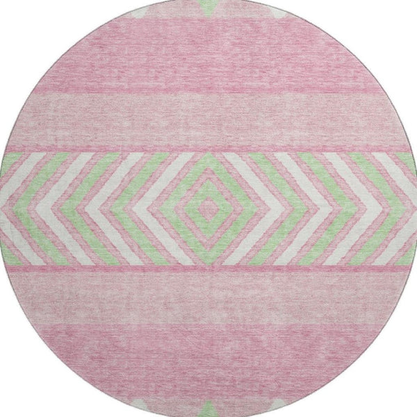 HomeRoots 8' Vibrant Pink Mint Green Ivory Southwestern Round Rug - Washable, UV Protected, Durable & Stylish! 676431