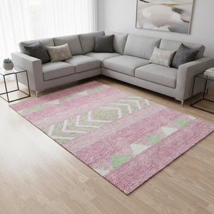 HomeRoots 9' X 12' Southwestern Area Rug in Pink, Mint Green & Ivory - Washable, UV Protected & Durable Design 676433