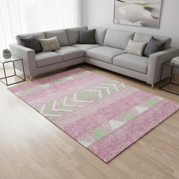 HomeRoots 9' X 12' Southwestern Area Rug in Pink, Mint Green & Ivory - Washable, UV Protected & Durable Design 676433
