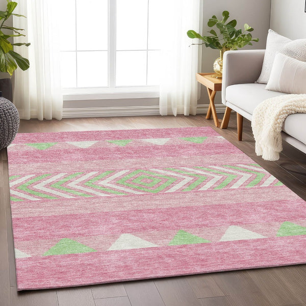 HomeRoots 9' X 12' Southwestern Area Rug in Pink, Mint Green & Ivory - Washable, UV Protected & Durable Design 676433