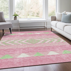HomeRoots 9' X 12' Southwestern Area Rug in Pink, Mint Green & Ivory - Washable, UV Protected & Durable Design 676433