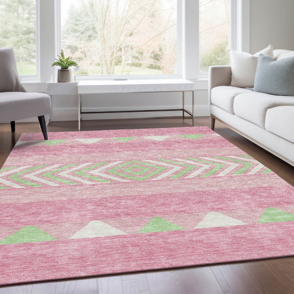 HomeRoots 9' X 12' Southwestern Area Rug in Pink, Mint Green & Ivory - Washable, UV Protected & Durable Design 676433