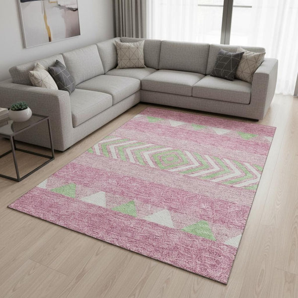 HomeRoots 10' X 14' Southwestern Washable Area Rug in Pink, Mint Green & Ivory with UV Protection & Durability 676434