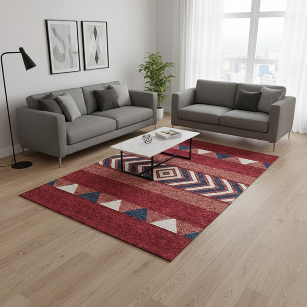 HomeRoots 5' X 8' Southwestern Washable Area Rug - Bold Red, White & Navy Blue, UV Protected, Easy Care! 676436