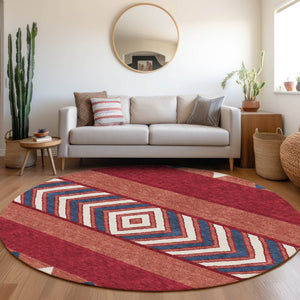 HomeRoots 8' Southwestern Washable Round Rug in Red, White & Navy - UV Protected, Stain Resistant, Non-Slip 676437
