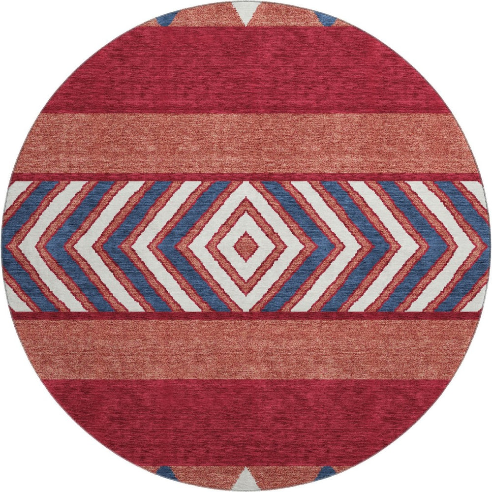 HomeRoots 8' Southwestern Washable Round Rug in Red, White & Navy - UV Protected, Stain Resistant, Non-Slip 676437