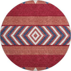 HomeRoots 8' Southwestern Washable Round Rug in Red, White & Navy - UV Protected, Stain Resistant, Non-Slip 676437