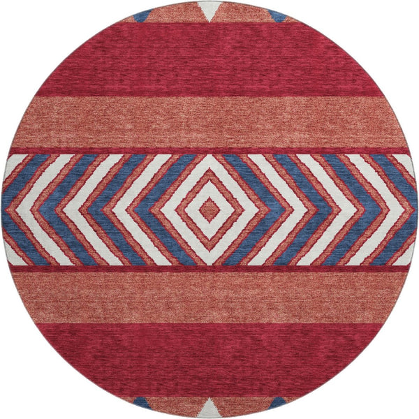 HomeRoots 8' Southwestern Washable Round Rug in Red, White & Navy - UV Protected, Stain Resistant, Non-Slip 676437