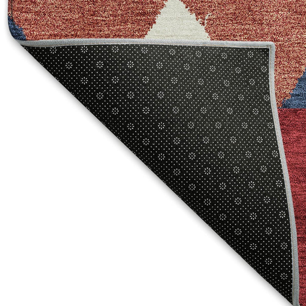 HomeRoots 8' Southwestern Washable Round Rug in Red, White & Navy - UV Protected, Stain Resistant, Non-Slip 676437
