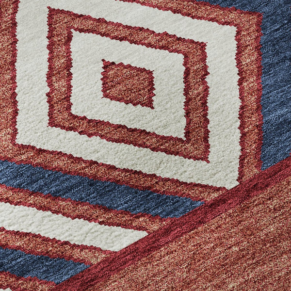 HomeRoots 8' Southwestern Washable Round Rug in Red, White & Navy - UV Protected, Stain Resistant, Non-Slip 676437
