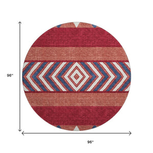 HomeRoots 8' Southwestern Washable Round Rug in Red, White & Navy - UV Protected, Stain Resistant, Non-Slip 676437