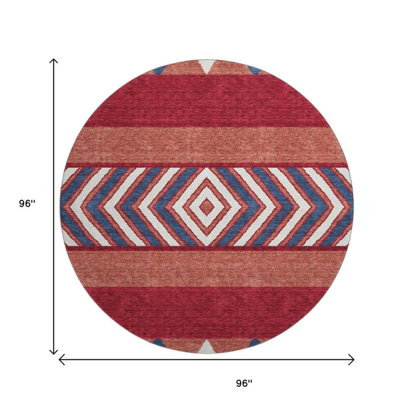 HomeRoots 8' Southwestern Washable Round Rug in Red, White & Navy - UV Protected, Stain Resistant, Non-Slip 676437