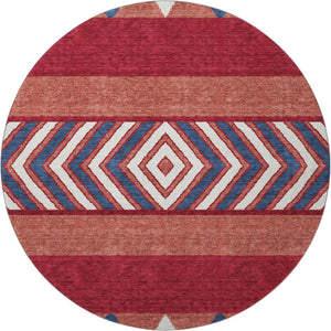 HomeRoots 8' Southwestern Washable Round Rug in Red, White & Navy - UV Protected, Stain Resistant, Non-Slip 676437