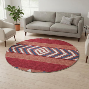 HomeRoots 8' Southwestern Washable Round Rug in Red, White & Navy - UV Protected, Stain Resistant, Non-Slip 676437