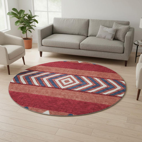 HomeRoots 8' Southwestern Washable Round Rug in Red, White & Navy - UV Protected, Stain Resistant, Non-Slip 676437