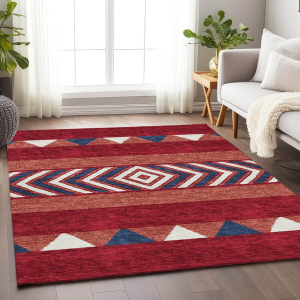 HomeRoots 8' X 10' Southwestern Washable Area Rug in Red, White & Navy – UV Protected, Stain-Resistant Design! 676438