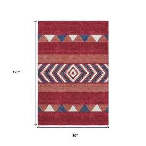HomeRoots 8' X 10' Southwestern Washable Area Rug in Red, White & Navy – UV Protected, Stain-Resistant Design! 676438