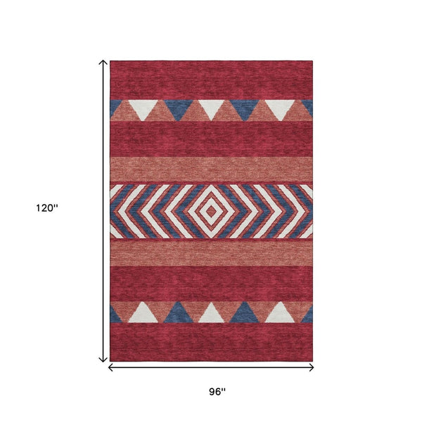 HomeRoots 8' X 10' Southwestern Washable Area Rug in Red, White & Navy – UV Protected, Stain-Resistant Design! 676438