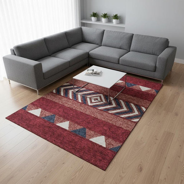 HomeRoots 8' X 10' Southwestern Washable Area Rug in Red, White & Navy – UV Protected, Stain-Resistant Design! 676438
