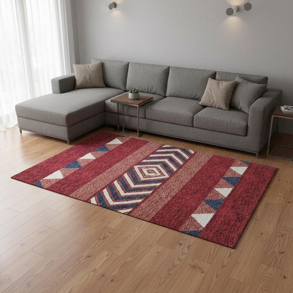 HomeRoots 10' Southwestern Washable Area Rug in Red, White & Navy - UV Protected, Durable & Easy-Care Design 676440