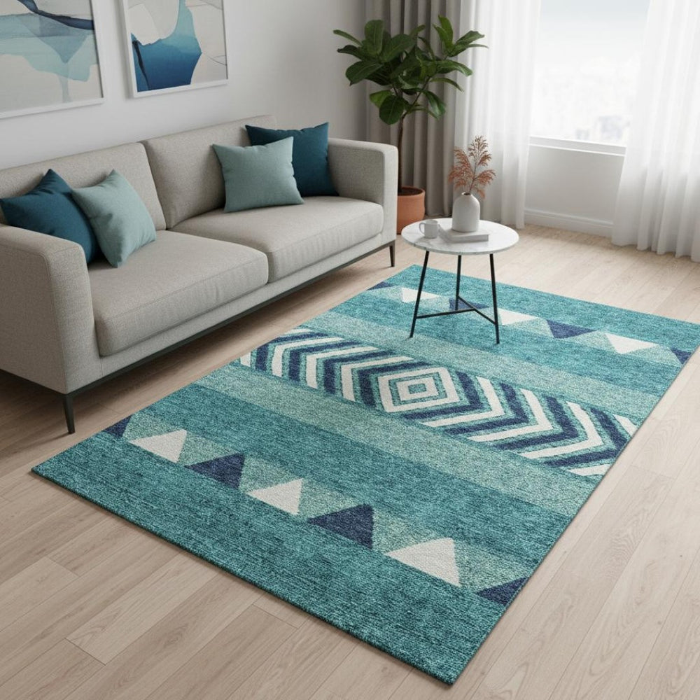 HomeRoots 5' X 8' Vibrant Teal Navy Blue Southwestern Washable Area Rug with UV Protection & Stain Resistance 676442