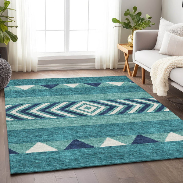 HomeRoots 5' X 8' Vibrant Teal Navy Blue Southwestern Washable Area Rug with UV Protection & Stain Resistance 676442