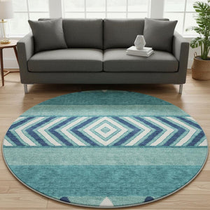 HomeRoots 8' Teal Navy Blue & Ivory Southwestern Round Rug – Washable, UV Protected, Durable & Pet-Friendly! 676443